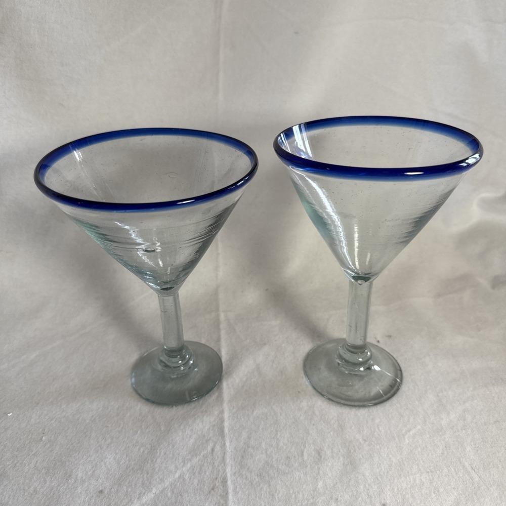 2 Tall Mexican Style Martini Margarita Glass Cobalt Blue Rim Handmade Glass